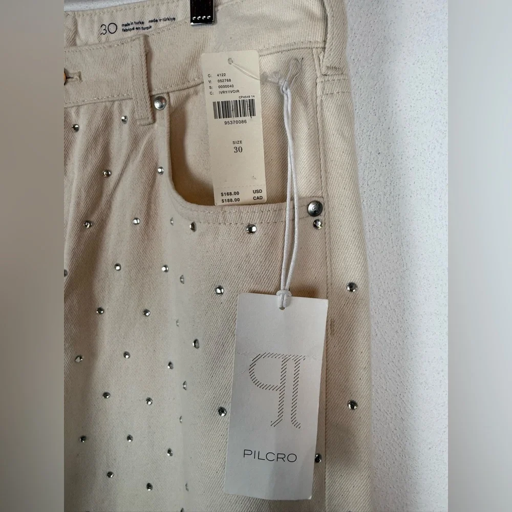 NWT Anthropologie Pilcro Sparkle Relaxed Wide Leg Cuff Jeans Ivory 30